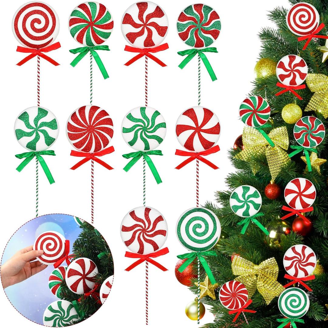 Wettarn 10 Pcs, 8.7 Inch Tree Picks Lollipop Candy Picks Christmas Tree Picks with Ribbon Christmas Tree Decorations for Xmas Tree Topper Home Vase Party Ornaments(Red Green)