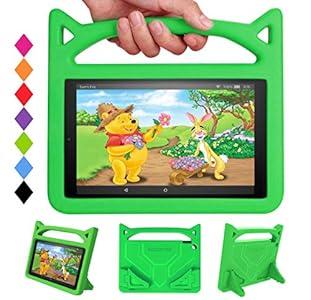 Kids Case Fit ＨＤ10 Tablet (9th/ 7th Gen, 2019/ 2017 Model) Incompatible iPad Nokia Sony 10in Tablet-SHREBORN Lightweight Shockproof Kids Covers with Cute Cat Handle Stand-Green