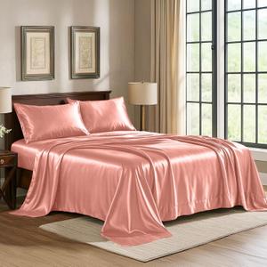 Pure Bedding Satin Sheets Queen [4Piece, Blush Pink] Hotel Luxury Silky Bed Sheets  Extra Soft 1800 Microfiber Sheet Set, Wrinkle, Fade, Deep Pocket Fitted Sheet, Flat Sheet, Pillow Cases