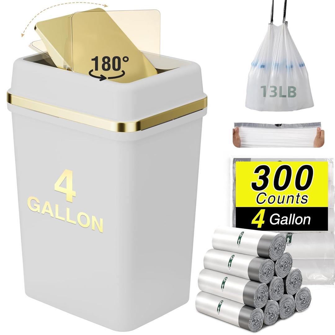 Bathroom Trash Can with Lid 4 Gallon Trash Can Small Garbage Can White Trash Can with 300 Counts Trash Bags for Kitchen Bedroom Office Dorm