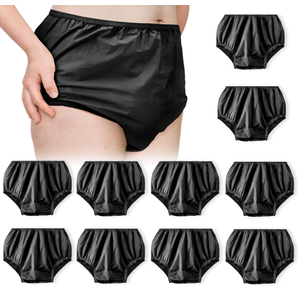 Vinsatin 10 Pcs Adult Plastic Diaper Cover PullOn Cover Plastic Pants Reusable Incontinence Waterproof Pants (Large,Black)