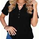 Women's Summer Short Sleeve Button Waffle T Shirt Classic Fit V Neck Tops for Office Work L