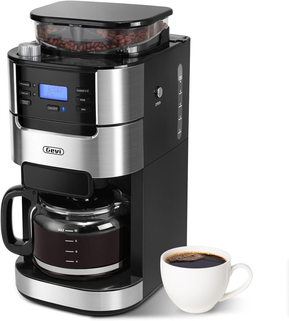 Gevi 10-Cup Grind-And-Brew Drip Coffee Maker with Built-In Burr Grinder | Programmable Timer, 1.5L Water Tank, 2-Hour Auto Keep-Warm, Durable Reusable Permanent Filter for Daily Coffee Brewing, 12.4"D x 8.4"W x 16.9"H