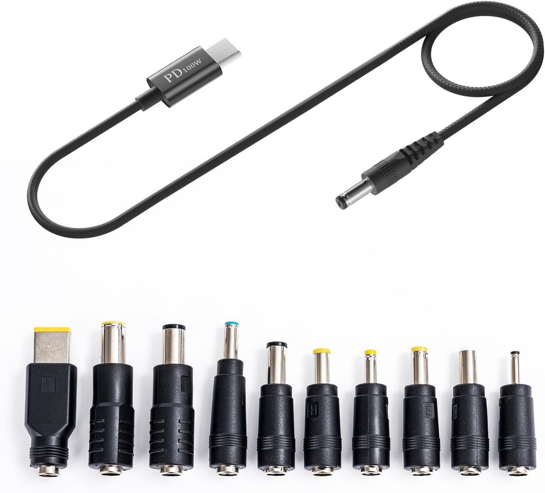 USB C to DC Charger 100W, 10 PCS Adapter Tips Kit, 20V/5A PD Fast Charging Adapter for Laptop, Monitor, Router - Universal Power Supply Solution