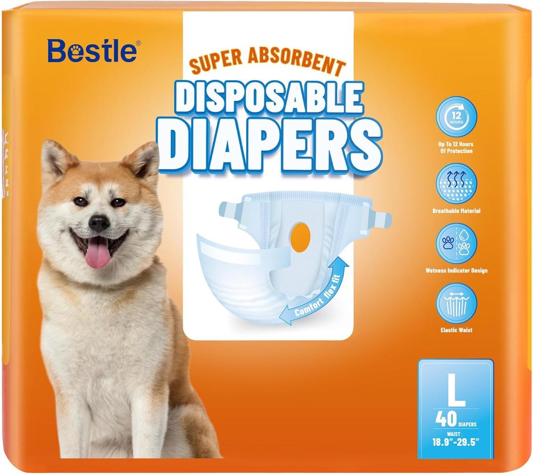 Disposable Female Dog Diapers, 40 Count, L (Waist 26.8-29.5), Wetness Indicator, Ultra Protection, Leak Proof, Super Absorbent, Soft