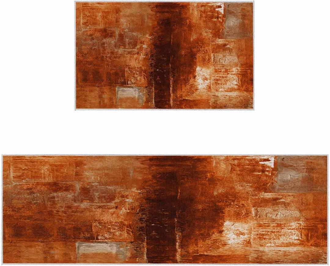 Burnt Orange Kitchen Rugs Set 2 Pieces, Modern Geometric Orange Non-Slip Rubber Backing Floor Mats Doormat Bathroom Runner Area Rug Carpet, Painting Abstracvt Art, 15.7x23.6in + 15.7x47.2in