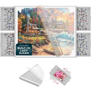 1500 Piece Jigsaw Puzzle Board - 360 Rotating Jigsaw Puzzle Table with Drawers | 35 X 28 Portable & Dual Sided Board | Plastic Cover Included - Puzzles Tables for Adults