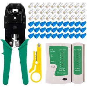Professional RJ45 Crimp Tool Kit Complete Cat5 Cat5e Cat6 Ethernet Crimper Set with Cable Tester, 30 Connectors & Covers