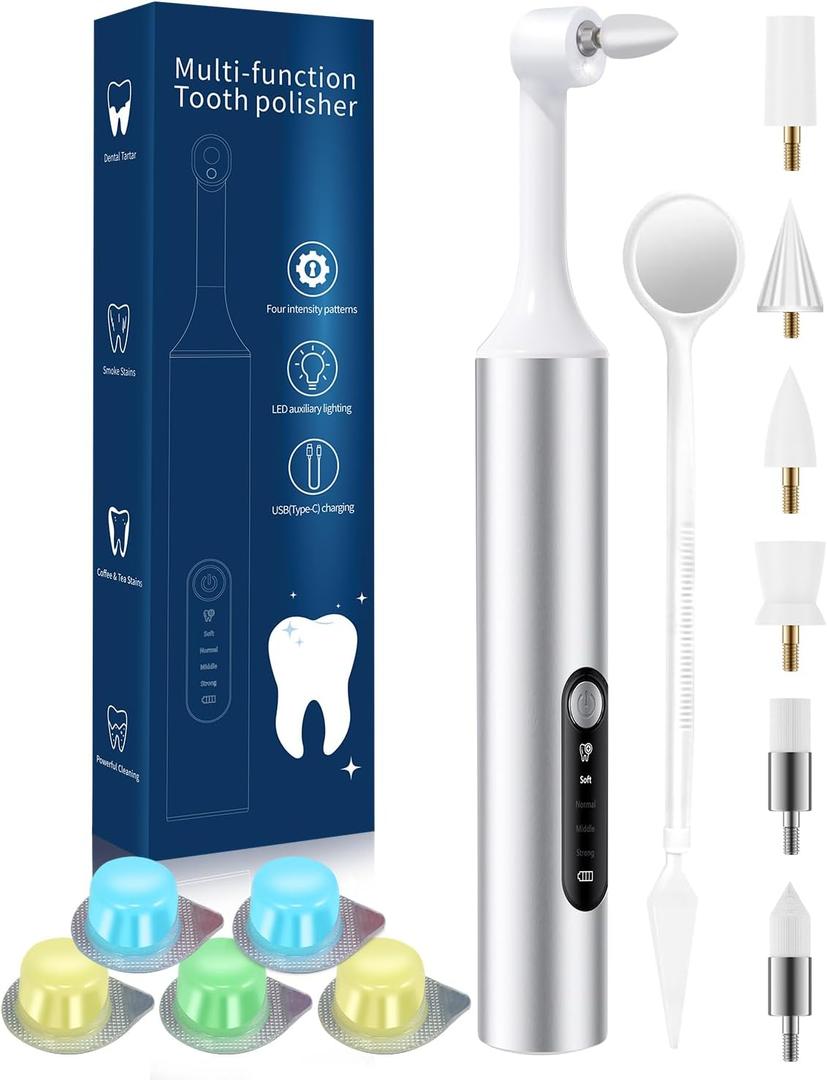 Tooth Polisher, Electric Rechargeable Teeth Polishing Kit with LED Auxiliary Light, 6 Brush Heads & 5 Polish Paste, 4 Modes, IPX6 Waterproof, Easy to Use Tooth Polishing Tool for HomeSliver