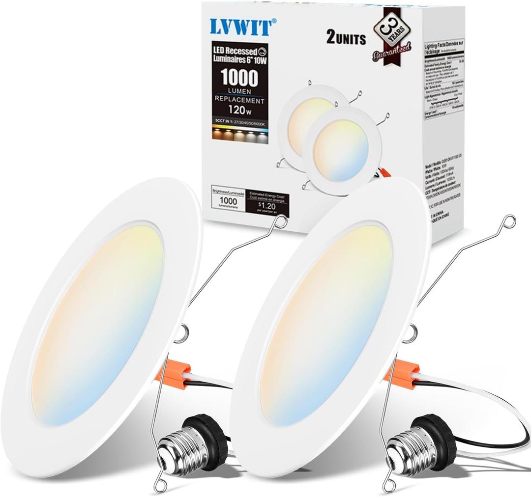 LVWIT LED Recessed Light 6inch, 5CCT Can Lighting with White Cover, Color Selectable Dimmable Downlight with E26 Conversion Kit, 2 Pack