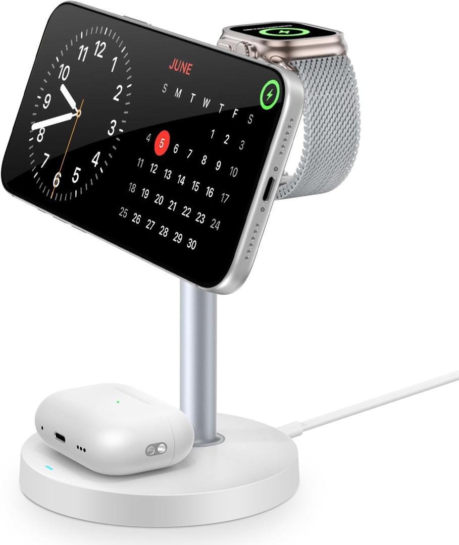 3 in 1 Magnetic Wireless Charging Station, 15W Fast Charger Stand for iPhone, Phone Charger Stand for Desk Nightstand, Compatible with iPhone 17/16/15/14, Apple Watch & AirPods, Adapter Not Included (White)