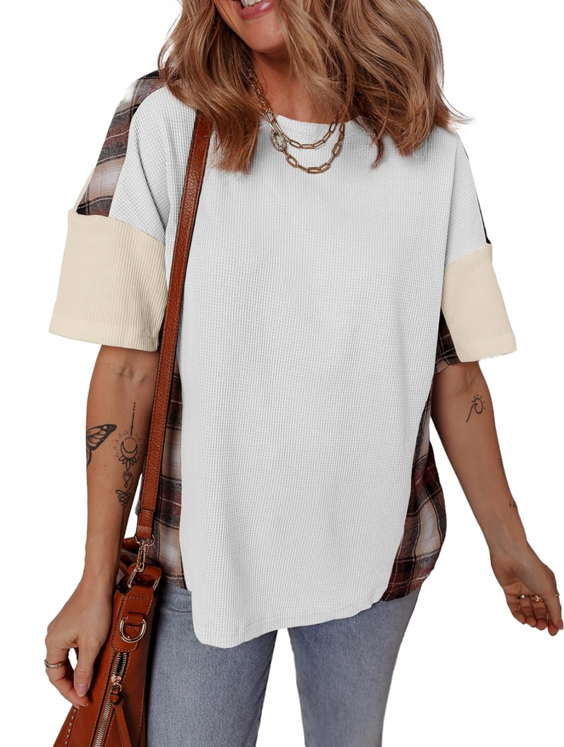 EVALESS Waffle Knit Tops for Women Trendy Crewneck Short Sleeve Shirts 2025 Summer Color Block T Shirts Loose Tee Tunic Tops, 2XL