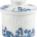 Butter Crock with Water Line, Ceramic Butter French Keeper Dish with Lid for Fresh Spreadable Butter (Forest Blue)