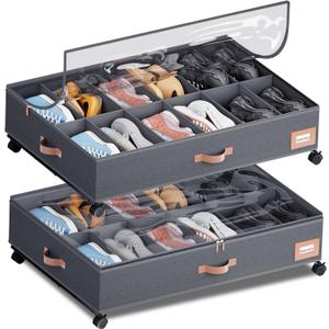 Under Bed Shoe Storage with Wheels, Set of 2, Fit 12 Pairs, Dorm Room Essentials, Shoe Organizer Under Bed Solution with Clear Window, Breathable, Shoe Organizer for Closet (black)