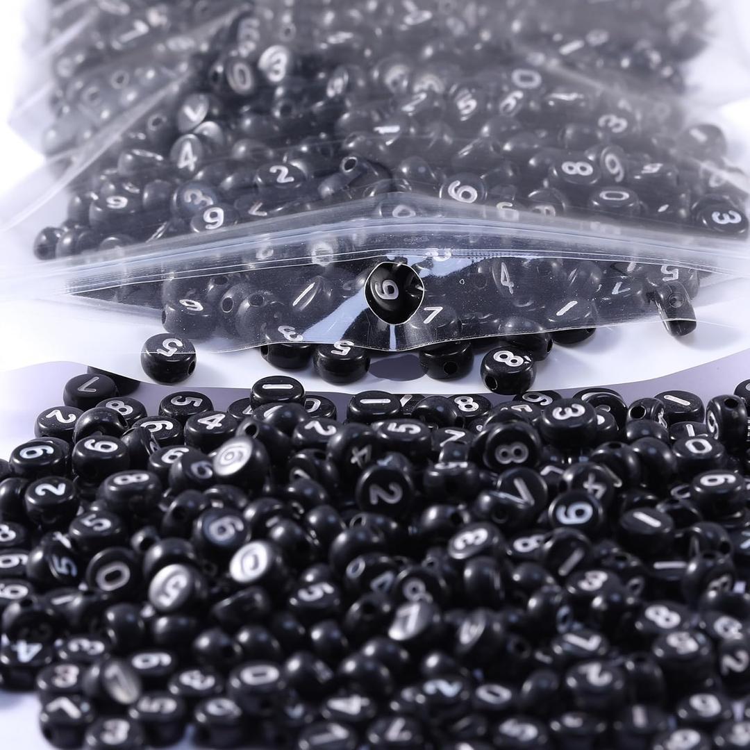 1000pcs Black Acrylic Number Beads 7x4mm Mixed Number Beads Acrylic Plastic Round Shape Loose Beads for DIY Phone Case Glasses Decoration Bracelets Necklaces Key Chains