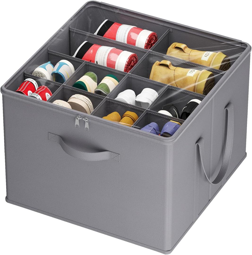 Lifewit Shoe Storage Organizer for Closet, Fits 12-16 Pairs, Large Shoe Box Storage Containers with Clear Cover and Reinforced Handles, Foldable Storage Bins Fit for Boots Heels Sneakers, 1 Pack Gray