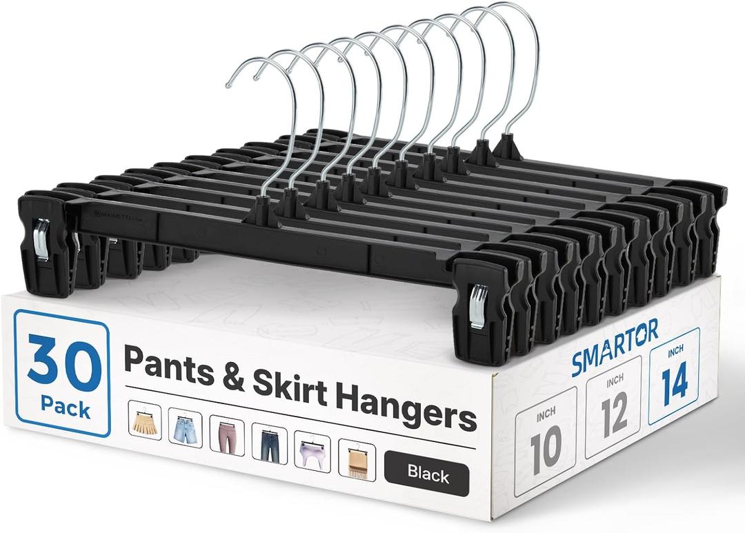 Smartor Plastic Pants Hangers  30 Pack, Black Pant Hanger, Shorts Hangers with NonSlip Clips, Dress, Heavy Duty Hanger for Trouser, Slack, Skirt, Demin Jean, Dress  14 Inch