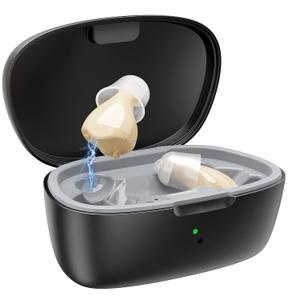 Hearing Aids for Seniors, Invisible Hearing Amplifiers with Noise Cancelling, Rechargeable Hearing Aids for Severe Hearing Loss Adults, Comfort In-ear Hearing Devices, Black Skin