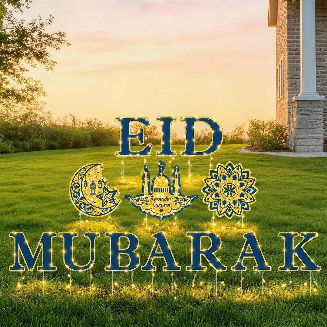 13PCS Ramadan Decorations Yard Sign, Light up Outdoor Signs 10 Letters Eid Mubarak 3 Patterns Moon Star Palace Ramadan Kareem Sign with Stakes for Muslim Islamic Party Lawn Garden Eid Decor
