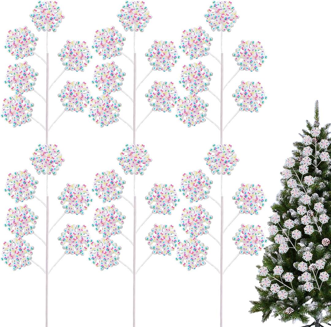 Zeyune 12 Pcs 20 Inch Christmas Tree Candy Ornaments Pastel Snowflake Candy Tree Picks Cute Christmas Hanging Ornaments Glitter Xmas Picks Branch Decor Set Vase Filler for Xmas Party Decor