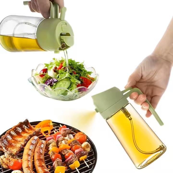 Oil Sprayer for Cooking 2 in 1, 470ml/16oz, Oil Spray & Dispenser Glass Bottle, Food-grade material for Kitchen, Salad Dressing, Frying, Air Fryer & BBQ (Green)