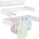 Wall Mounted Laundry Drying Rack, Carbon Steel Foldable & Retractable Clothes Drying Rack, Space Saving Adjustable Towel Holder for Bathroom, Laundry, Small Spaces (1, White, 31.5")