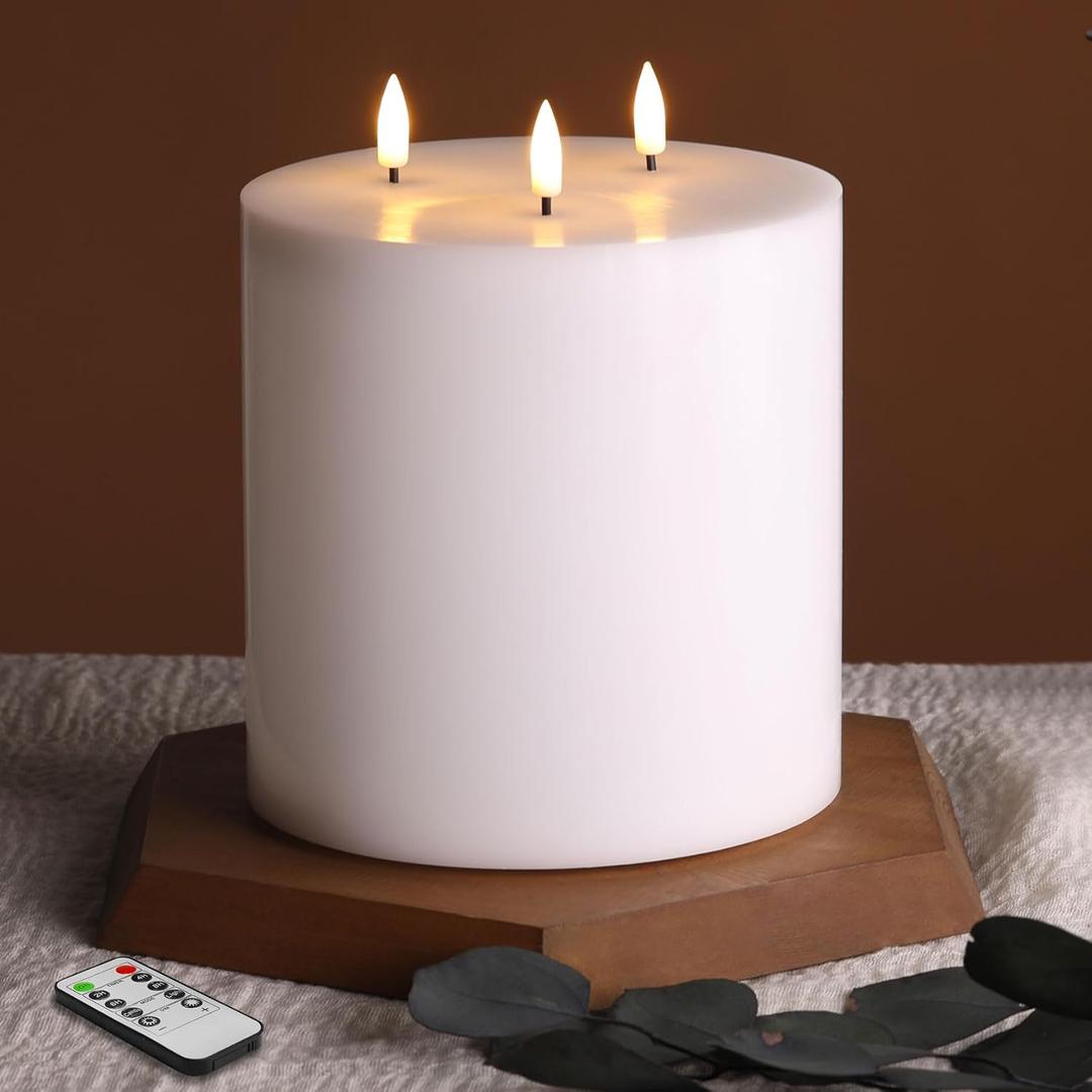 Eywamage White 3 Wick Flameless Pillar Candle  6" H 6", Giant Real Wax Flickering LED Candle with Remote