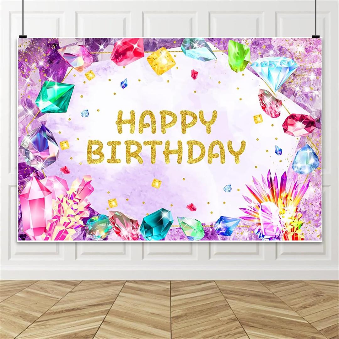 Renaiss 7x5ft Gemstone Birthday Backdrop for Her She is a Gem Birthday Photography Background Happy Birthday Banner Jewel Diamond Crystal Princess Girls Kids Birthday Party Decor Photo Booth Props