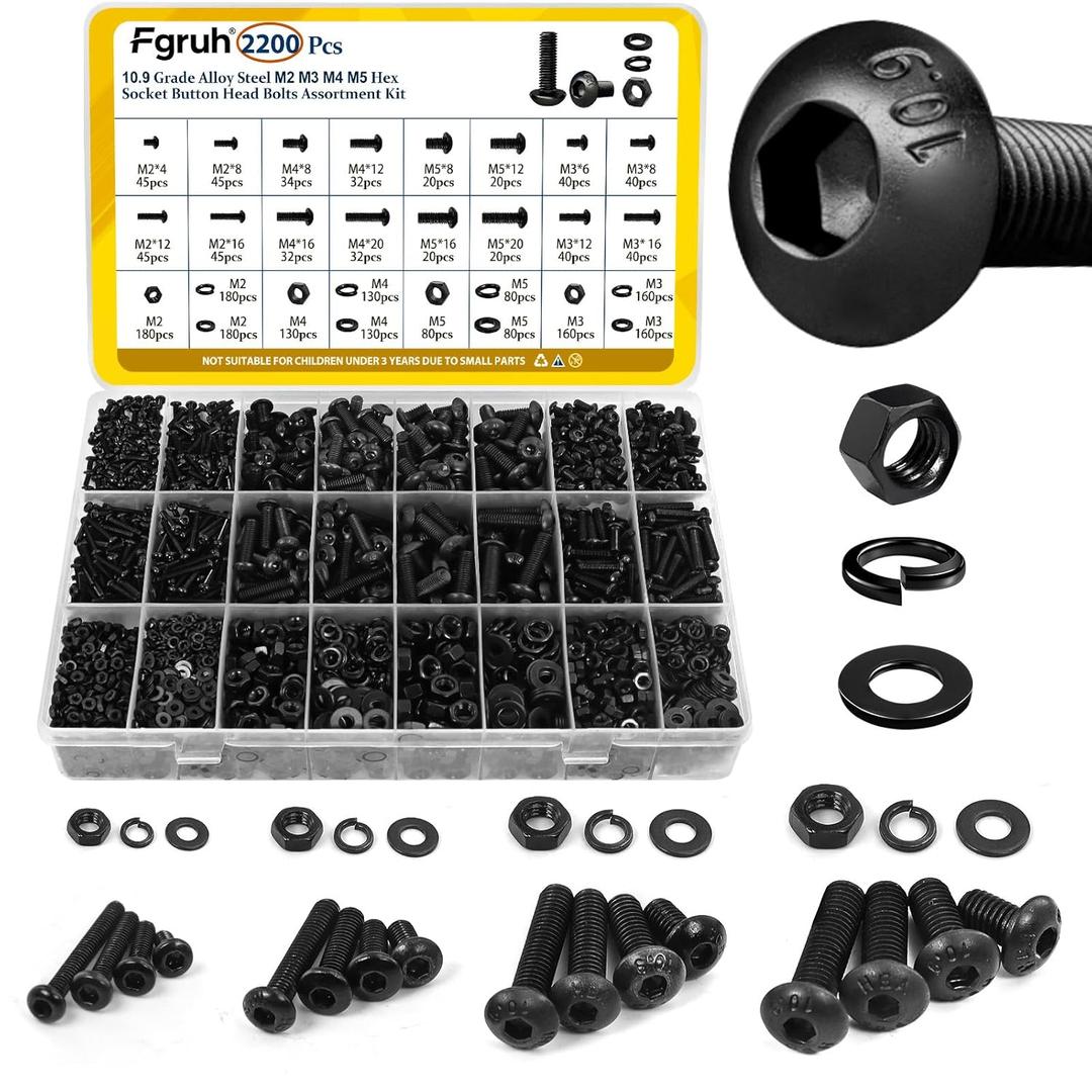 2200PCS M2 M3 M4 M5 Metric Screws Assortment Kit, Hex Socket Button Head Assorted kit, Machine Screw Set with Nuts & Washers,10.9 Alloy Steel Black Zinc Plated for 3D Printing