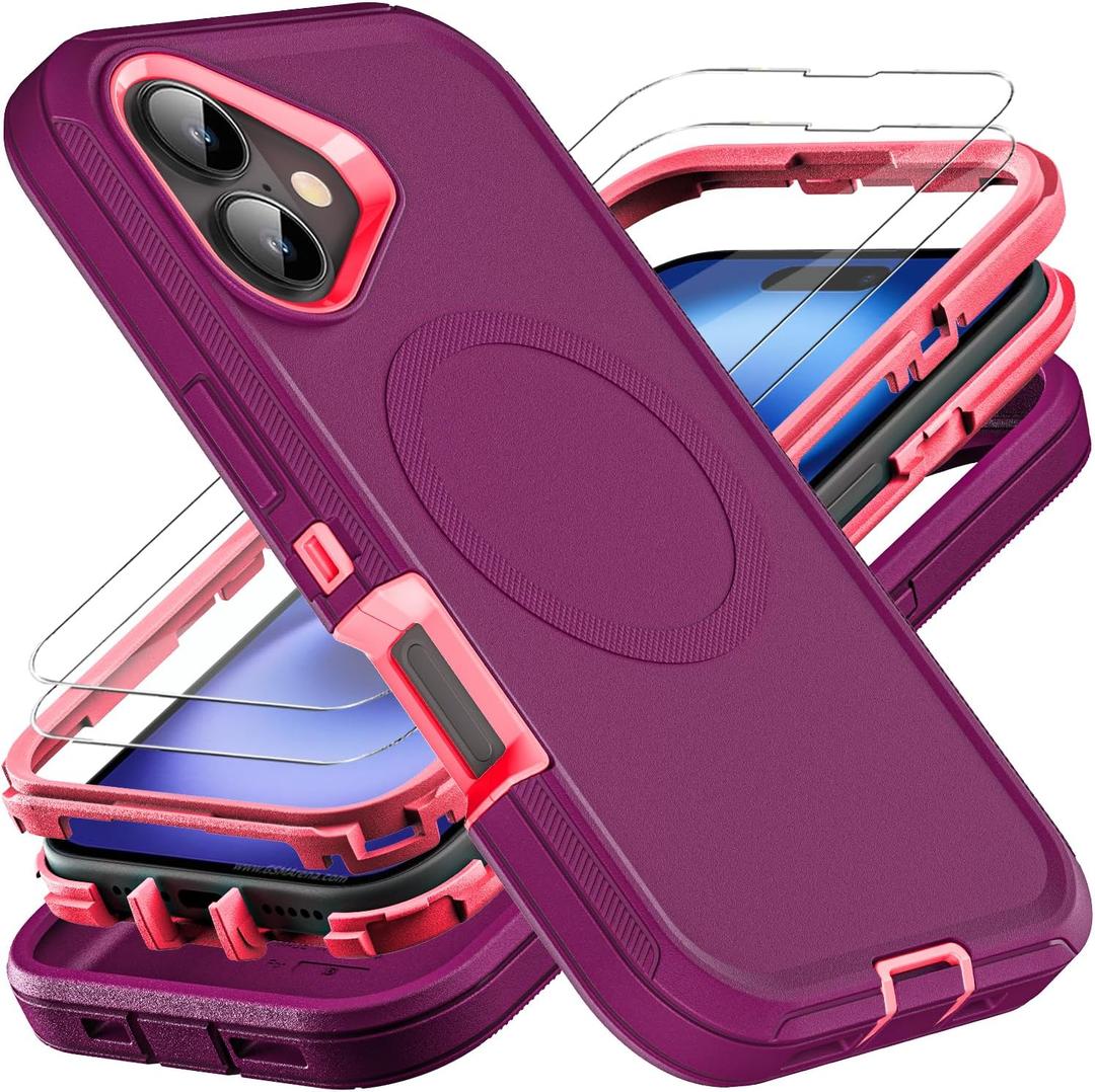 for iPhone 16 Case, Compatible with Magsafe, Military Grade 3 in 1 Heavy Duty Shockproof/Drop Proof/Dust Proof Case with 2Pcs Tempered Glass Screen Protector (New-Purple/Pink)