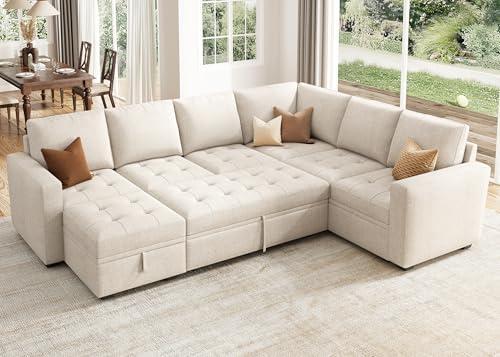 HONBAY Sectional Sleeper Sofa Couch with Pull Out Bed, Convertible L Shaped Couch with Storage, Sleeper Sectional Sofa Bed for Living Room, Beige