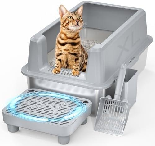 PereHome Stainless Steel Cat Litter Box with lid, Extra Large Metal Litter Box for Big Cats XL High-Sided Steel Litter Pan with Anti-Leakage Design, Odorless, Easy Clean, Includes Scoop (Gray)