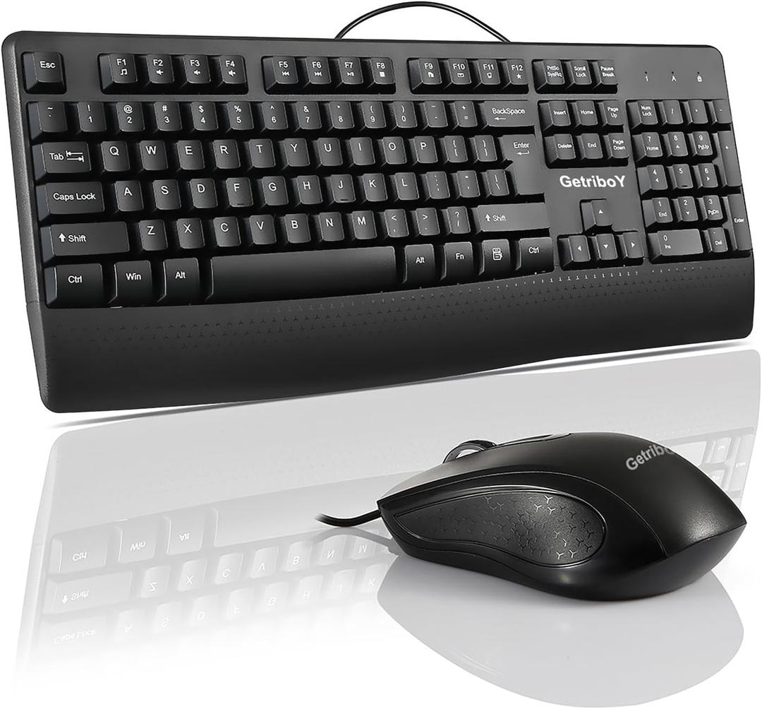 Wired Keyboard and Mouse Combo, 104 Keys Full-Size Ergonomic Computer Keyboard with Palm Rest and Optical Wired Mouse, USB Plug-and-Play, Compatible with Laptop/Windows/Desktop/Laptop/PC,Black.