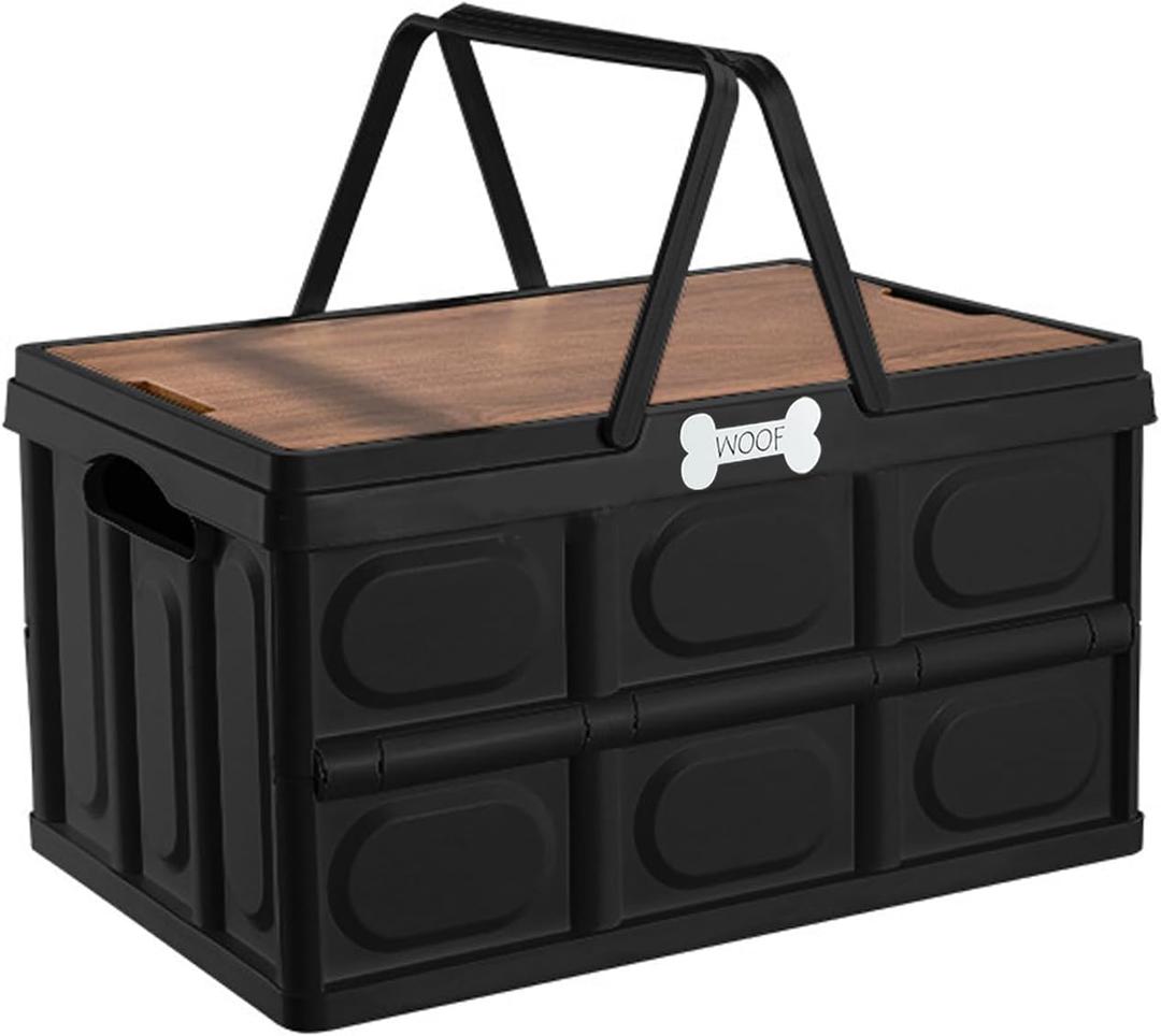 Outdoor Dog Toy Bin wtih Handles,Collapsible Dog Stuff Organizer Portable,Pet Storage Basket with Wood Cover for Dog Toys/Snack/Camping Essentials,Ideal for Car Trunk,RV Trip,Picnic-Black