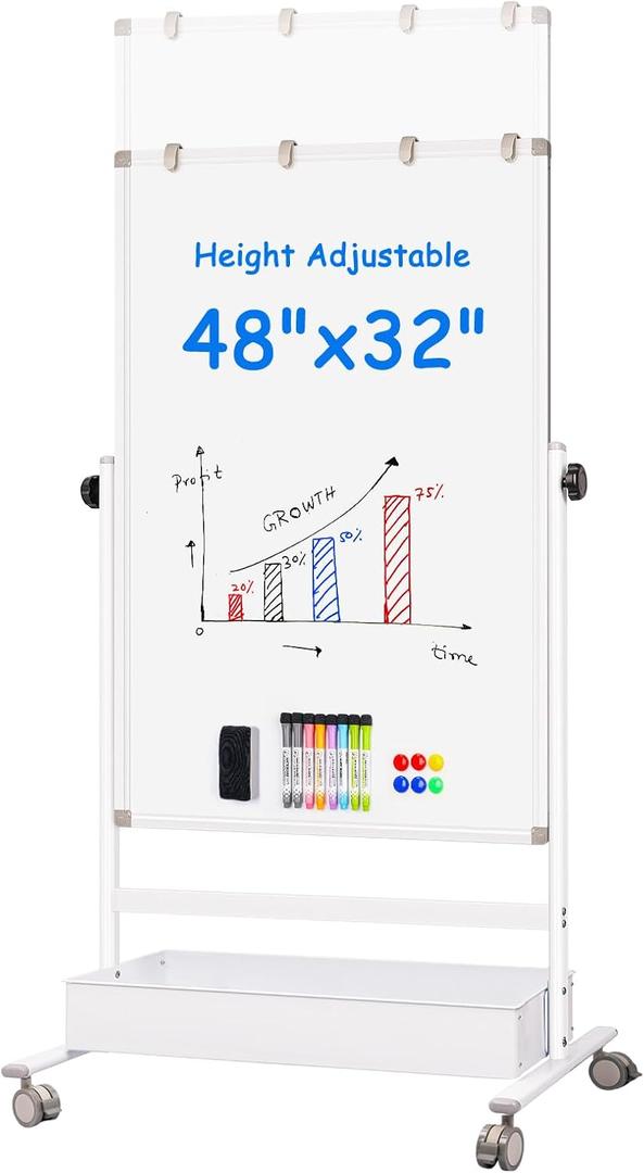 Maxtek Mobile White Board on Wheels 48x32, Magnetic Storage Easel Standing