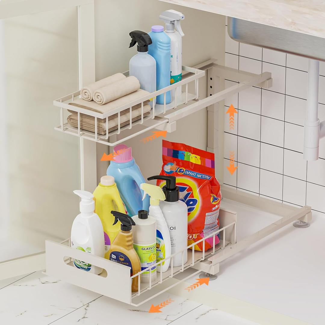 Under Sink Organizer, Heavy Duty Metal Pull Out Cabinet Organizer Slide Out Sink Shelf Organizer Height Adjustable, Multi-Purpose Storage Shelf for Kitchen Bathroom(Sand,1Pack)