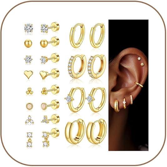 Turandoss Huggie Hoop Earrings Sets for Women, 14K Gold Plated Small Stud Earring Hypoallergenic Cartilage Huggie Hoop Stud Flat Back Gold Earrings Stacks for Multiple Piercings Jewelry Gifts