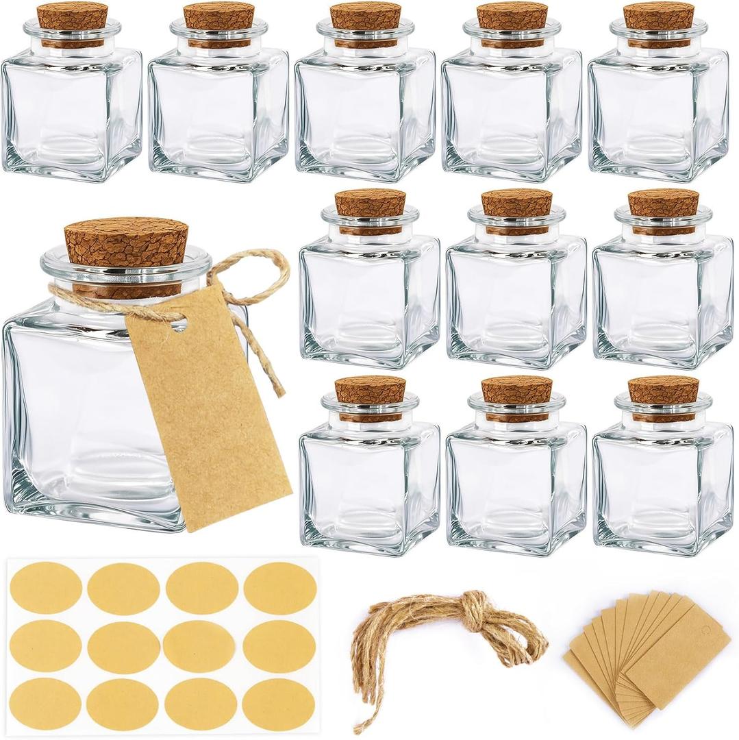 OurWarm 12 Pack Square Small Glass Bottles with Lids, 1.7OZ Mini Glass Jars with Cork Tag Label and Twine, Versatile Glass Bottles for Candy Potion Spice DIY Crafts Gift Birthday Wedding Party Favors