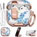 for AirPod 4 Case, with Safty Lock & Phone Stand for Floral AirPod 4 Generation Case Cover for Women Girly, iPod 4 Cases with Keychain & Cleaner Kit -Blue Bells Flower