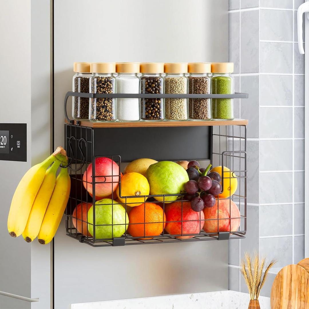 Haotao Magnetic Shelf for Fridge With Wood Lid,Fruit Vegetable Potato & Onion Organizers Storage Basket Bins For Refrigerator Kitchen Countertop Container