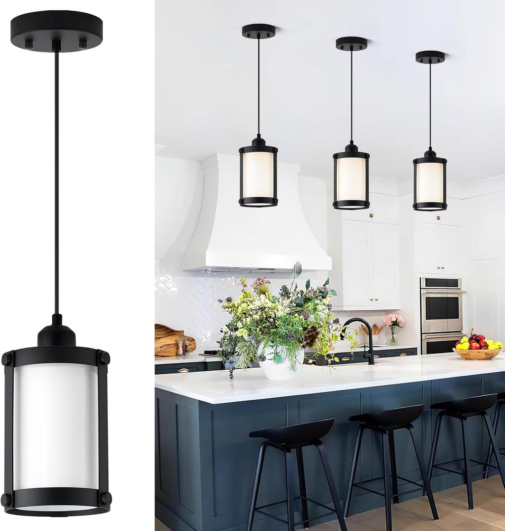 Black Pendant Lights Kitchen Island, 1-Light Modern Mini Hanging Light Fixtures with Milk Glass, Farmhouse Kitchen Pendant Lighting Over Island for Sink Dining Room, OS-3014-1PBKW