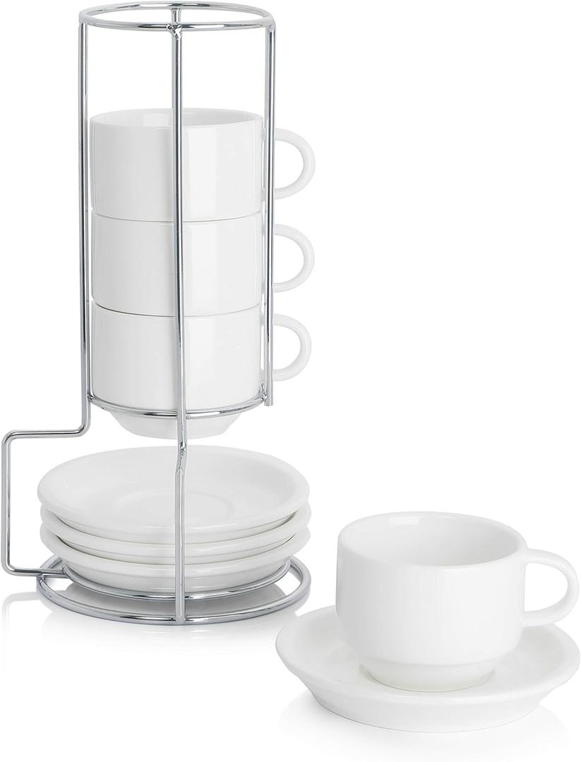 Sweese 2.5 Ounce Porcelain Stackable Espresso Cups with Saucers and Metal Stand Set of 4, White