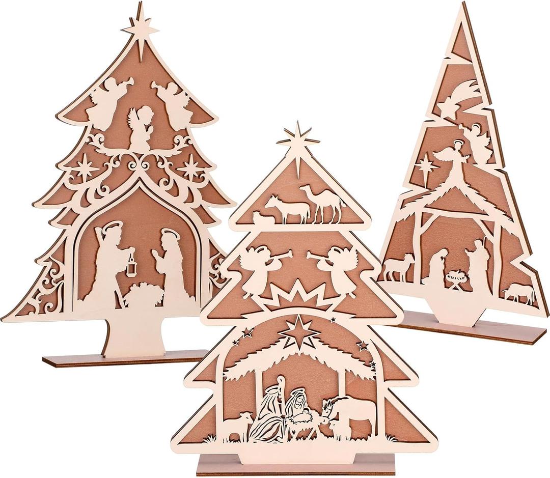 Thyle 3 Pcs Christmas Nativity Scene Table Decor Set, Wooden Christmas Tree Cutout Rustic Jesus Nativity Tabletop Sign for Xmas Tree Table Centerpieces Holiday Religious Home Decoration