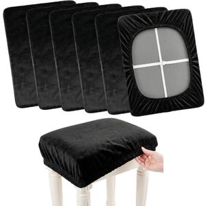 6 Pcs Soft Velvet Bar Stool Covers with Crisscross Straps (15"- 20") L x (11.8"- 15.7") W Vanity Chair Cover Square Bench Stool Cover Stretch Washable Saddle Seat Stools Slipcover, Black