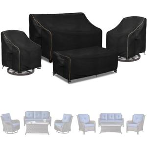 Patio Furniture Covers 4 Piece Set, 600D Heavy Duty Outdoor Furniture Covers Waterproof for Patio 3-Seater Sofa,Swivel Rocker Chair and Coffee Table Furniture Set,Black