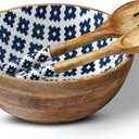 Folkulture Salad Bowl or Wooden Bowls with Serving Tongs, Large for Fruits, Cereal or Pasta, Large Mixing Bowl Set, 12" Diameter x 5" Height, Mango Wood, Blue