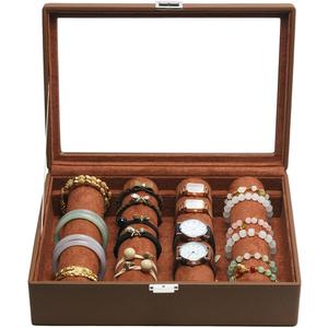 Bracelets Organizer Rods Bangles Display Holder, Clear See-Through Lid Leather Velvet Jewelry Storage Box Case for Women, 4 Rods Brown Leather