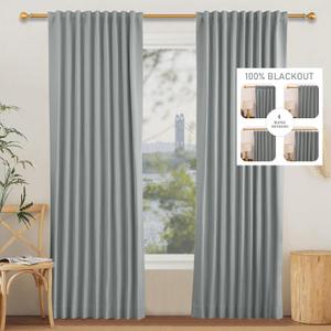 100% Blackout 4 in 1 Curtain,2 Panels Polyester Window Panels for Living Room Bedroom, Rod Pocket Flat Hooks Back Tab Hook Belt Sliding Door Insulation Curtains (100Wx82L,Gray)