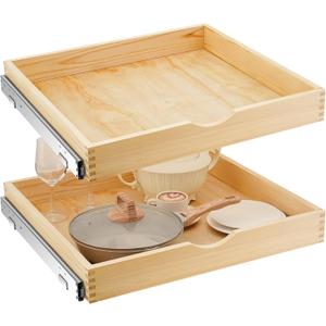 2 Set Pull out Tray Cabinet Organizer Wooden Pull Drawers storage Slide out Pantry Shelf for Base Cabinet Kitchen Gentle Close Fully Assembled Accessories(Wood Color,24'' X 21'' X 3'')