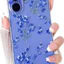 NITITOP Compatible with iPhone 16 Case Cute Clear Flower Floral Artistic Design for Women Girls Stylish Slim Soft TPU Shockproof Protective Girly Phone Cover - Blue